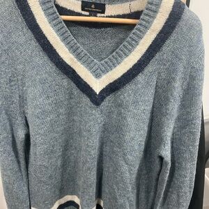 Mens Brooks Brothers Wool V Neck Cricket Sweater Light Blue White Large Preppy
